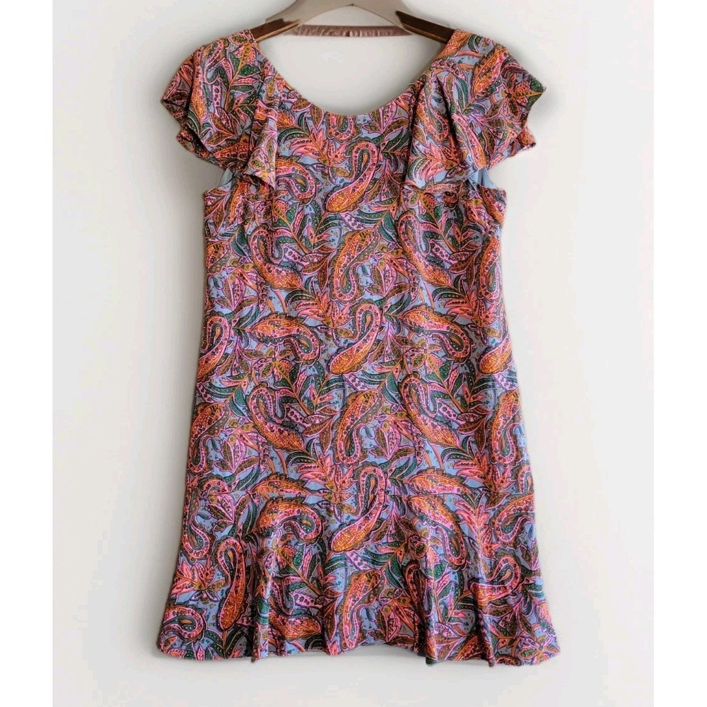 J. Crew Size 10 100% Silk Dress Pink/Blue/Orange Paisley Print Ruffle Sleeve